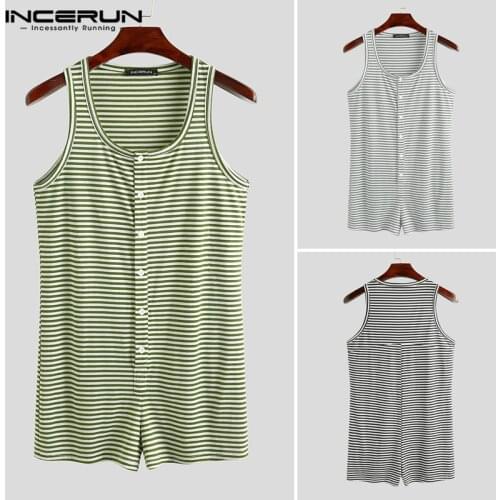 INCERUN Men Sleepwear Jumpsuits Men Striped Pajamas Playsuit Tank Tops Rompers Sleeveless Buttons Fitness Short Bottoms Homewear