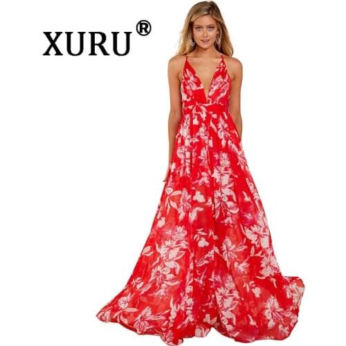 XURU Bohemian Beach Chiffon Dress Deep V-neck Strap Backless Print Dress Large Swing Large Size Dress
