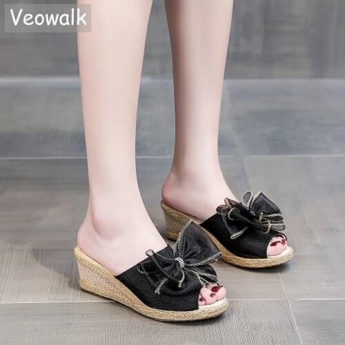 Veowalk Women Silk Bow Linen Cotton 6cm Wedge Heel Slides Summer Comfortable Peep Toe Slippers Espadrilles Shoes White Black