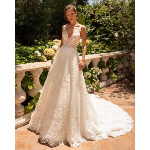Vestido De Noiva Princesa A-Line Wedding Dress V-Neck Backless Fashion Trouwjurk Off the Shoulder Robe De Mariage Bridal Gown