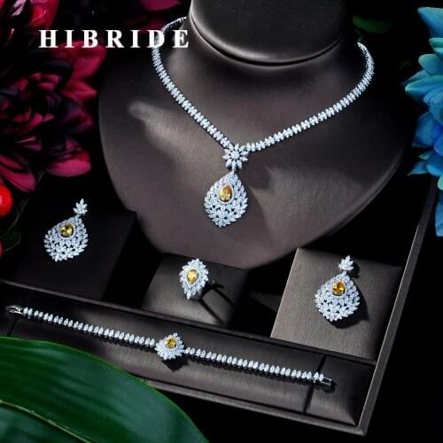 HIBRIDE Clear Crystal Cubic Zirconia Jewelry Sets for Women Bridal Wedding Sets 4 Pcs Earring Necklace Ring Bracelet Gift N-144