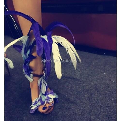 Plus Size Fetish Runway Shoes T-strap Gladiator Sandal Mixed Colors Plumed Arena High Heels Sexy Stiletto Feather Sandals Women