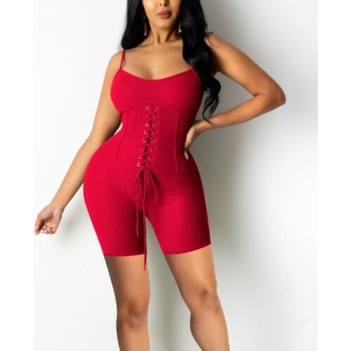 Female Summer Club Fitness Romper Sling V-neck Slim Fit Jumpsuits Shorts Women Solid Lace-up Playsuits Overalls Home Tracksuits