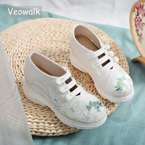 Veowalk Soft Jacquard Embroidered Women Clunky Sneakers Comfortable Ladies Casual Hidden Platform Shoes Chic Dorky Dad Shoes