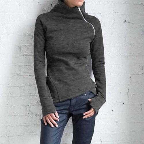 Winter Women Casual Solid Blouse Long Sleeve Girl Pullover Turtleneck Zipper Sweatshirt Female Tops