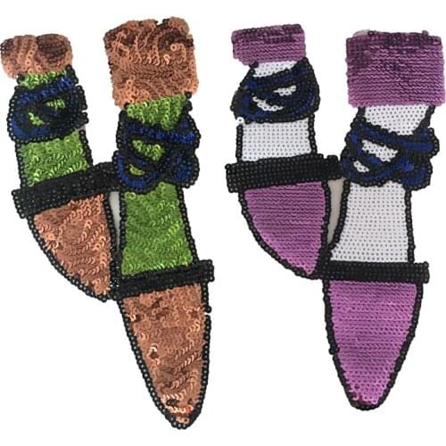 2 PCS/lot Women Shoes Sequined Sew on Patches DIY Sewing Repair Large High-heel Shoes Sequins Appliques Patch for Clothes