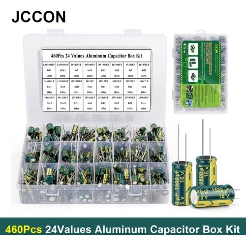 460Pcs/Box Capacitor Kit JCCON 1UF-1500UF 24Values Aluminum Electrolytic Capacitors 6.3V-50V Capacitors Assorted Box Kit Low ESR