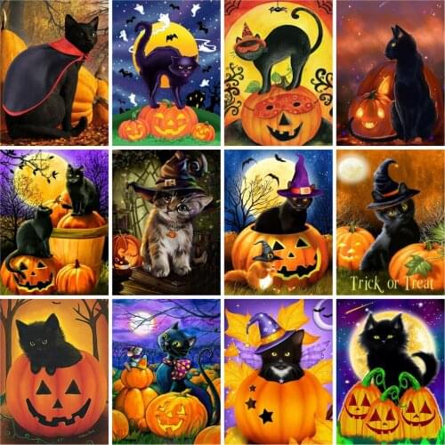 Huacan Diamond Painting Full Square Halloween Pumpkin 5D Diamond Embroidery Mosaic Cross Stitch Cat Home Decor