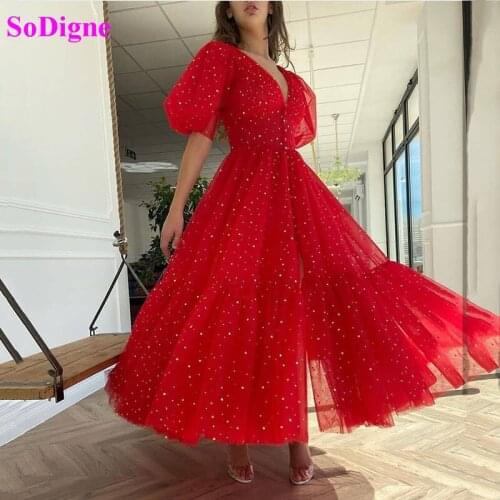 Sparkly V-Neck Red Prom Dresses Puff Sleeves A-Line Short Homecoming Dresses Starry Tulle Tea-Length Wedding Party Dresses