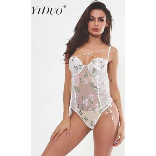YiDuo Sexy Body Lace Up V-Neck Women Bandage Bodysuits Club Wear 2019 New White See Through Floral Embroidery Mesh Bodysuit