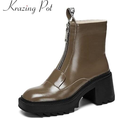 Krazing Pot full grain leather western boots round toe winter thick high heel waterproof letter decoration increased ankle boots