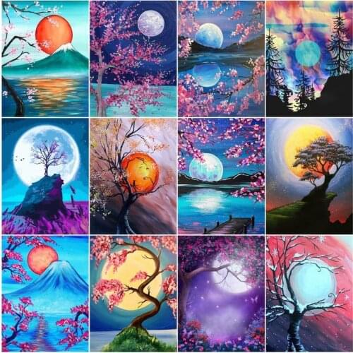 CHENISTORY 60x75cm Frame Pictures By Number Moon Landscape DIY Drawing On Canvas Handpainted Flower Tree Home Decoration
