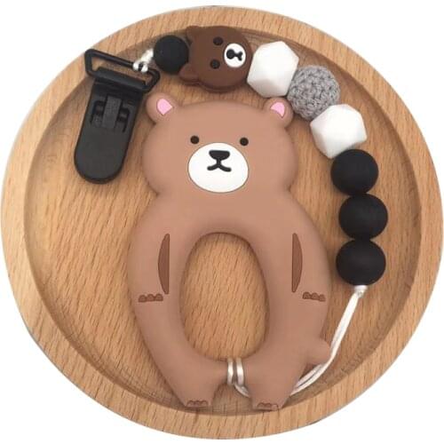 Baby Pacifier Cartoon Bear Teether Beads Pacifier Clip Chains BPA Free Silicone Holder For Dummy Nursing Nipples Clip