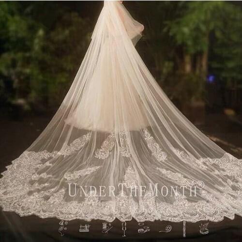 Elegant Glitter Bridal Veil Luxury Lace Appliques Long 3.8 Meters White Light Champagne Wedding Veil With Comb Headpieces New