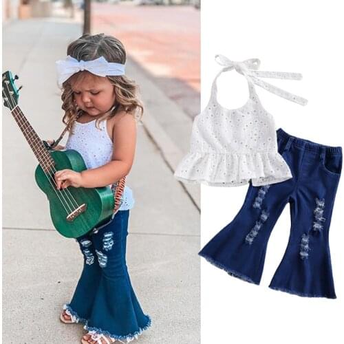 FOCUSNORM 1-6Y Fashion Summer Kids Girls Clothes Sets Lace Flowers Solid Sleeveless Belt Vest Tops Denim Hole Flare Pants