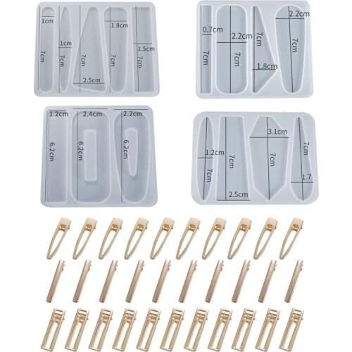 34PCS DIY Silicone Resin Molds for Hair Pin Clip Making, Including 4 Pack Hair Barrette Epoxy Resin Casting Molds, 30 PCS Gold H