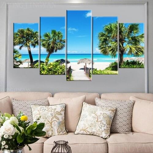 HD Printed 5 Piece Canvas Art Beach Seascape Painting Coconut Grove Wall Pictures Framed Modular Painting Free Shipping