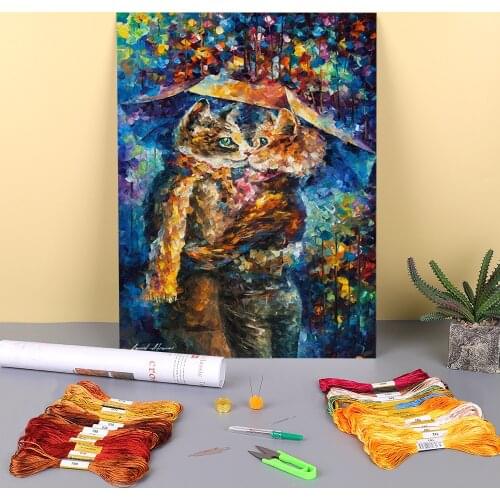 Oil Painting Style Cat Kiss Printed Canvas 11CT Cross-Stitch Patterns DIY Embroidery DMC Threads Knitting Promotions