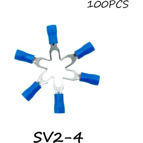 SV2-4 100PCS/Pack Blue Insulated Spade Terminal Block Connector Electrical Furcate Pre-insulated End Fork Crimp Cable Wire