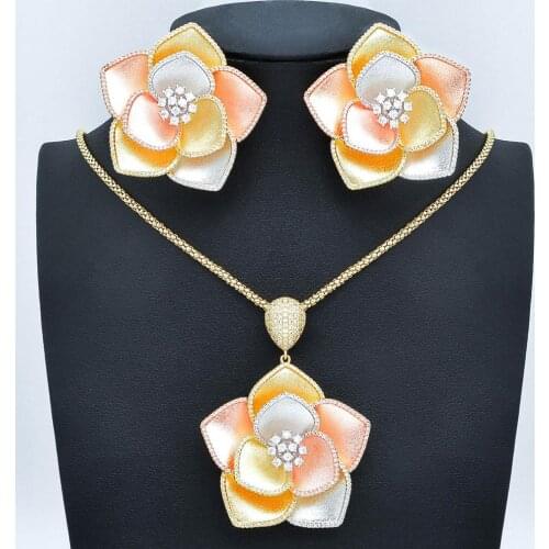 Newness Luxury Flower 2Pc Earring Necklace Jewelry Set Full AAA Cubic Zirconia women Wedding African Dubai Bridal Jewelry Set