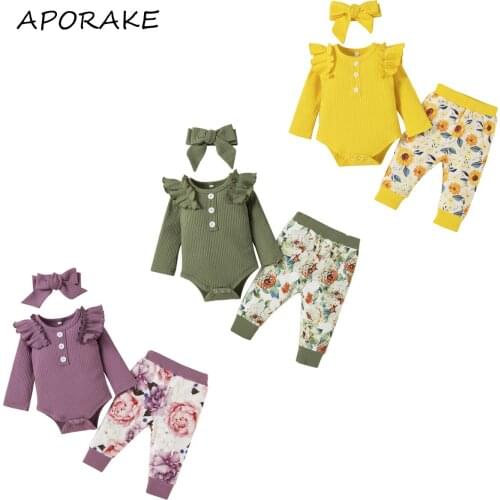 2021 0-18M Infant Baby GIrl Clothes Set Ruffle Shoulder Solid Color Long Sleeve Romper+Floral Print Pants+Headband 3pcs