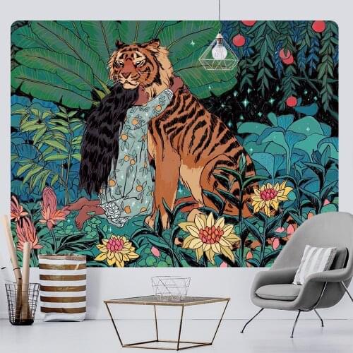 Beautiful Naked Girl Tiger Home Deco Art Printed Tapestry Hippie Bohemian Decor Yoga Mat Sofa Blanket Sheets