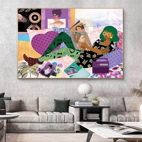 Lazy Sunday Art Canvas Painting Print Cottage Home Decor Retro Illustration African American Wall Art Colorful Collage Art
