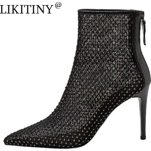 LIKITINY 2021 Summer high heels Black Ladies mesh boots Sandals Stilettos heels Back zipper crystal rhinestone Womens shoes