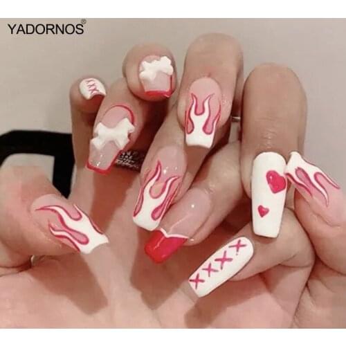 24pcs Pre Decorated Nails Flame Shape Wear Long Paragraph Fashion Manicure Patch False Nails Save Time Wearable Nail Patch Ty