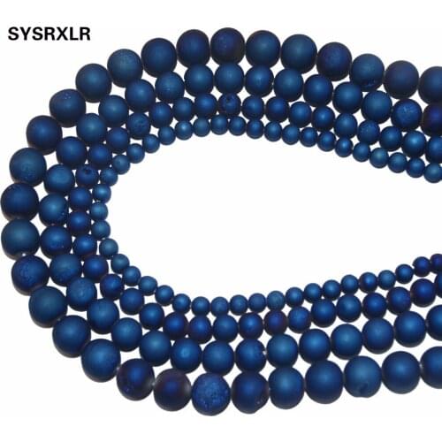 Free Shipping Natural Beads Round Matte Navy Blue Frosted Drusy Agata loose Beads For Jewelry Making DIY Bracelet 6 8 10 12 MM