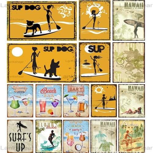 New Metal Vintage Signs Summer Beach Hawaii Outside Seaside Metal Wall Decoration Fashion Poster Wall Arts Home Sup Dog