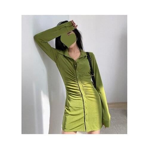 Autumn Ruched Long Sleeve Bodycon Dress Women Turn-Down Collar Sexy Mini Dress Female Button Slim Party Vestidos