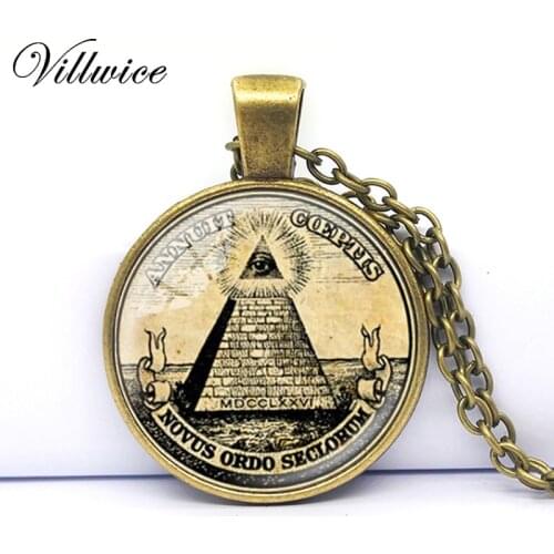 Vintage Symbol Masonic Illuminati Antique Print Illustration Poster Glass Pendant Necklace Fashion Statement Choker Necklace