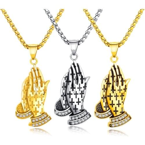 Stainless Steel Zircon Gold Stripe Black Silver Color Necklaces Hands Corss Invisible Mosaic Shape Pendant Necklace Jewelry Men