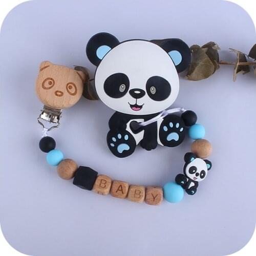 Customized Baby Pacifier Clip Chain Cute Panda Wood Nipple Holder Chain Food Grade Silicone Teether