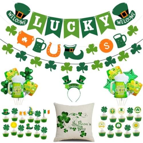 St. Patricks day decoration lucky Irish shamrock decoration necklace and shamrock balloon green travel decoration party package
