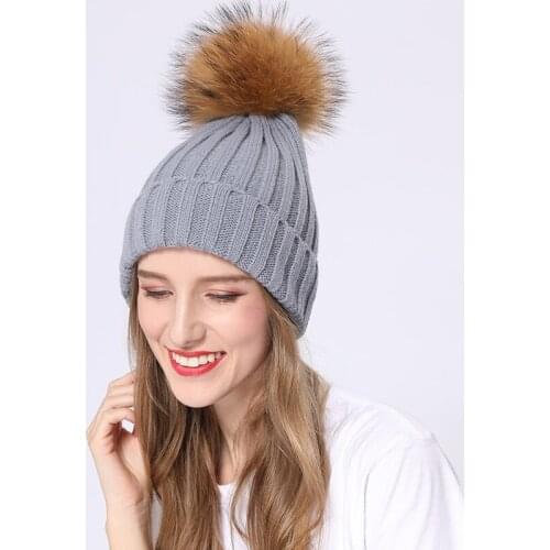 Women Real Fur Pom Pom Beanie Winter Adults Acrylic Knitted Hat Ski Fashion Warm Skullies Cap MJF-AB-01