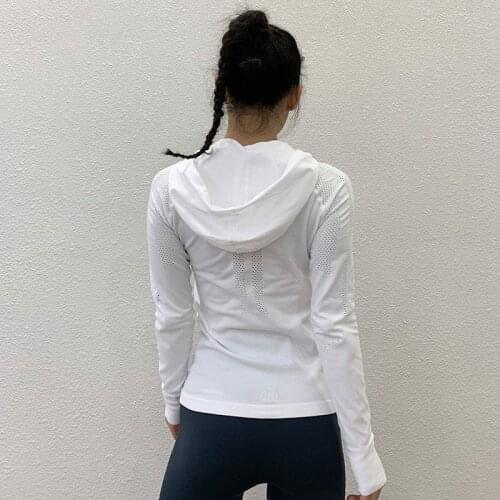 2020 Seamless Long Sleeve Shirt Hollow Workout Sports Hooded Tops Women Gym Fitness Mesh Sweatshirt Dry Fit Active Wear