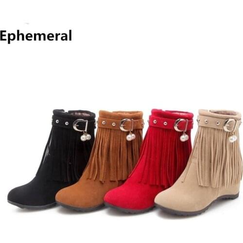 Ladys Warm Big Size10 11 12Winter Velvet Mid-calf Round Toe Height Increasing Boot Fashion Tassel Booty Women Shoes Summer Style