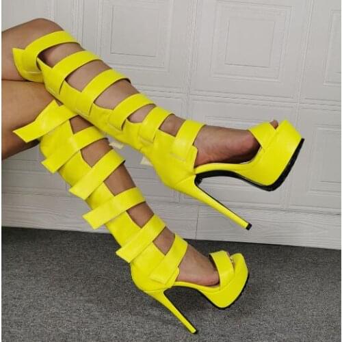 Dipsloot Female Lemon Yellow White Leather Hook & Loop Knee High Sandals Boots Performance Platform One Line Gladiator booties