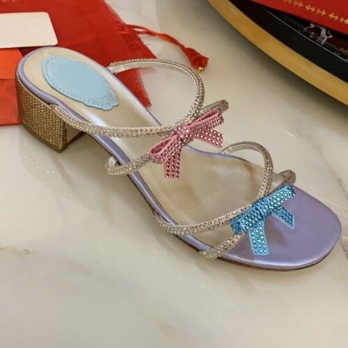 2020 Summer Women Slippers Rhinestone Butterfly-knot Shoes Female Middle-Heeled Sequined cloth Sweet Shoes Zapatillas De Mujer