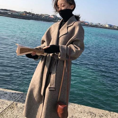 Retro Winter Coats Women Wide Lapel Belt Pocket Wool Blend Coat Oversize Long Trench Coat Outwear Wool Coat Women Overcoat f1755