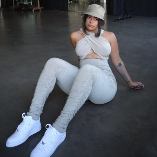 Casual Criss-cross Bandage Jumpsuit Women Summer Sexy Hollow Out Backless Stacked Leggings Bodycon Sporty Club Romper Jumpsuit