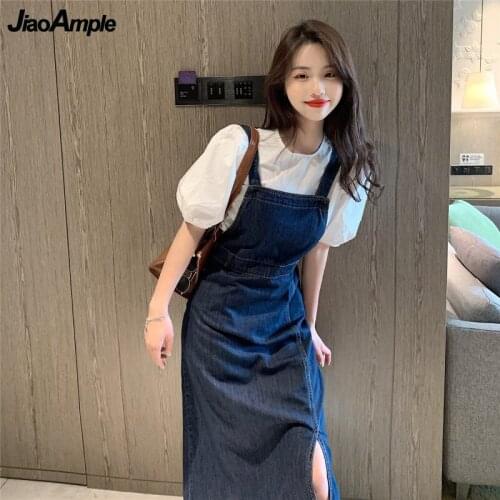 Womens Summer Two Pieces Dress Set 2021 Korean Student Casual White Puff Sleeve Shirt+denim Overalls Skirts Suit Lady Clothing