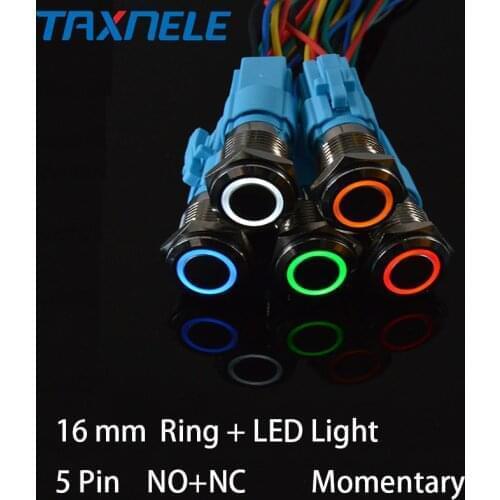 16mm Waterproof Momentary 1NO 1NC Metal Push Button Switch Ring and LED light 9-24V 12V 110V 220V Wide Voltage