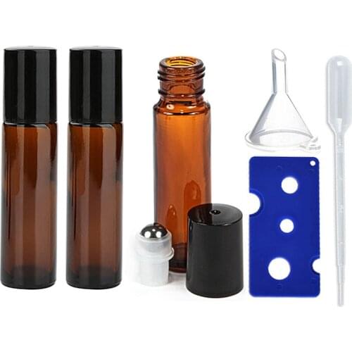 3Pack 10ml Amber Blue Glass Roller Bottles Leakproof Empty Refillable Roll on Ball with Stainless Steel for Essential Oil