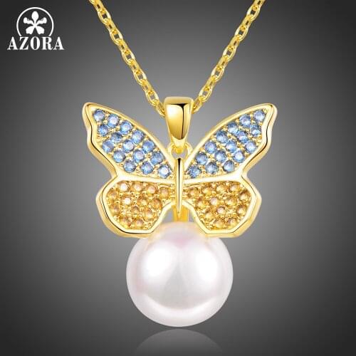 AZORA High Quality Champagne and Blue Cubic Zirconia Butterfly Necklaces Pearl Pendant for Women Wedding Gold Jewelry TN0273