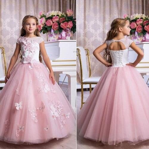 White and Pink Flower Girl Dresses With 3D Butterfly Lace Applique Wedding Cute Princess Communion Pageant Dresses