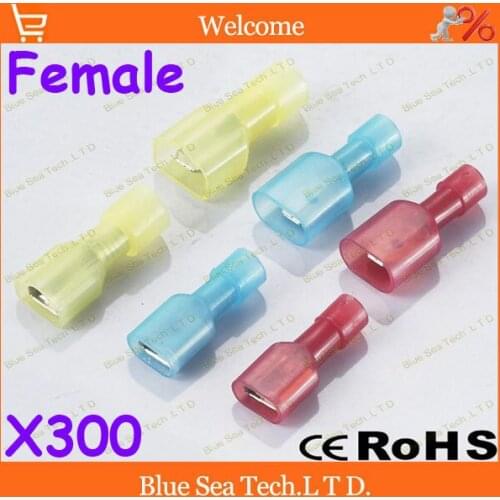 Free Shipping 300pcs FDFN-250 Red+Blue+Yellow Female cold-pressed terminal Insulated Terminal For 0.5-6.0mm2,22-10 AWG Wire