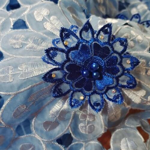 Free Shipping blue High quality latest african handcut lace fabric with beads and flowers for wedding big occasion-N8842C